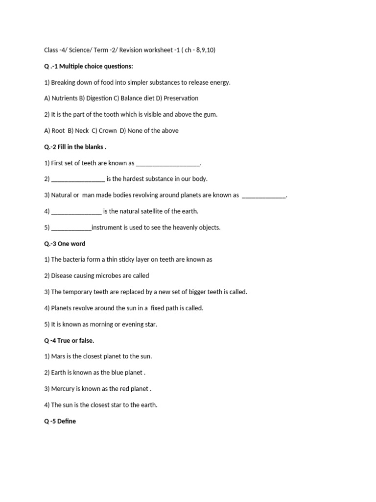Class 4 Science Term 2 Revision Worksheet | PDF | Planets | Sun