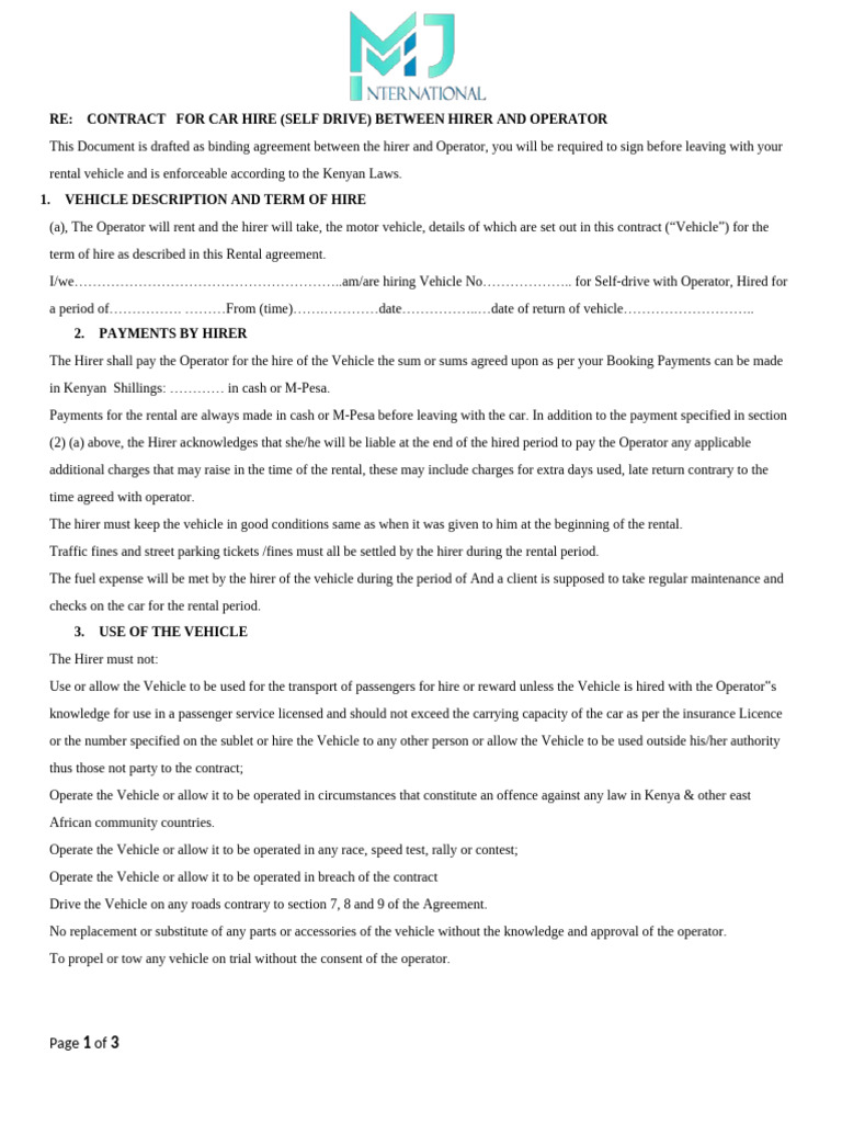Car Hire Agreement for Self-Drive in Kenya | PDF | Insurance | Vehicle ...