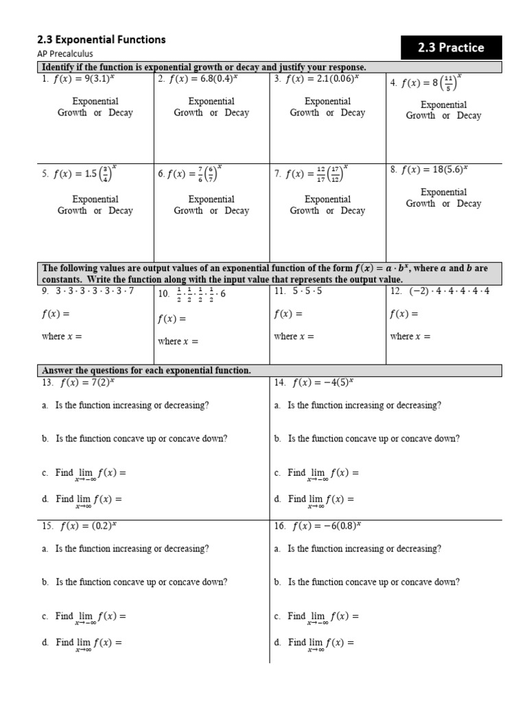 Exponential Functions Practice Answers | PDF | Exponential Function ...