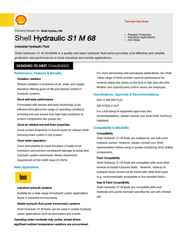 Shell Hydraulic S1 M 68 Technical Data | PDF | Viscosity | Pump