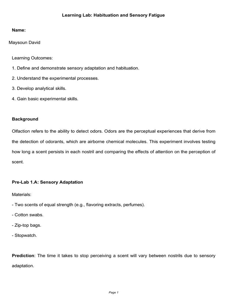 Sensory Adaptation and Habituation Lab | PDF | Odor | Perception