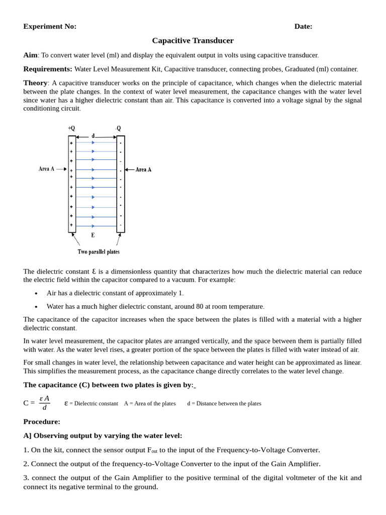 Capacitive Water Level Measurement Experiment | PDF | Capacitance ...