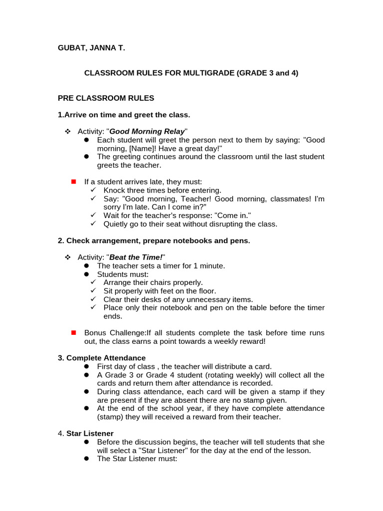 Classroom Rules - Multigrade | PDF | Classroom