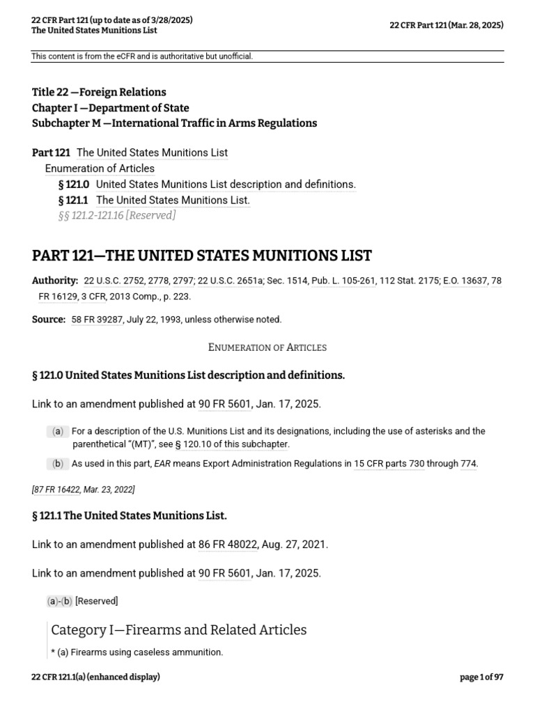 U.S. Munitions List Overview | PDF | Firearms | Cartridge (Firearms)