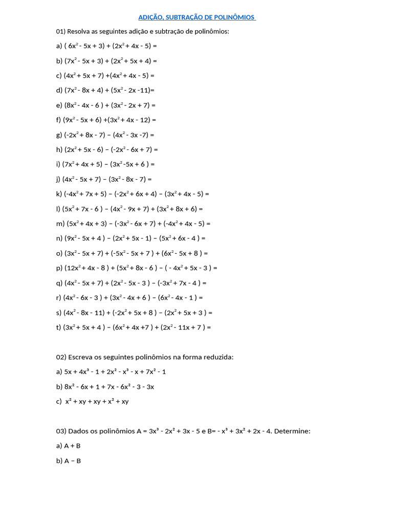 Adição e Subtração de Polinomios | PDF