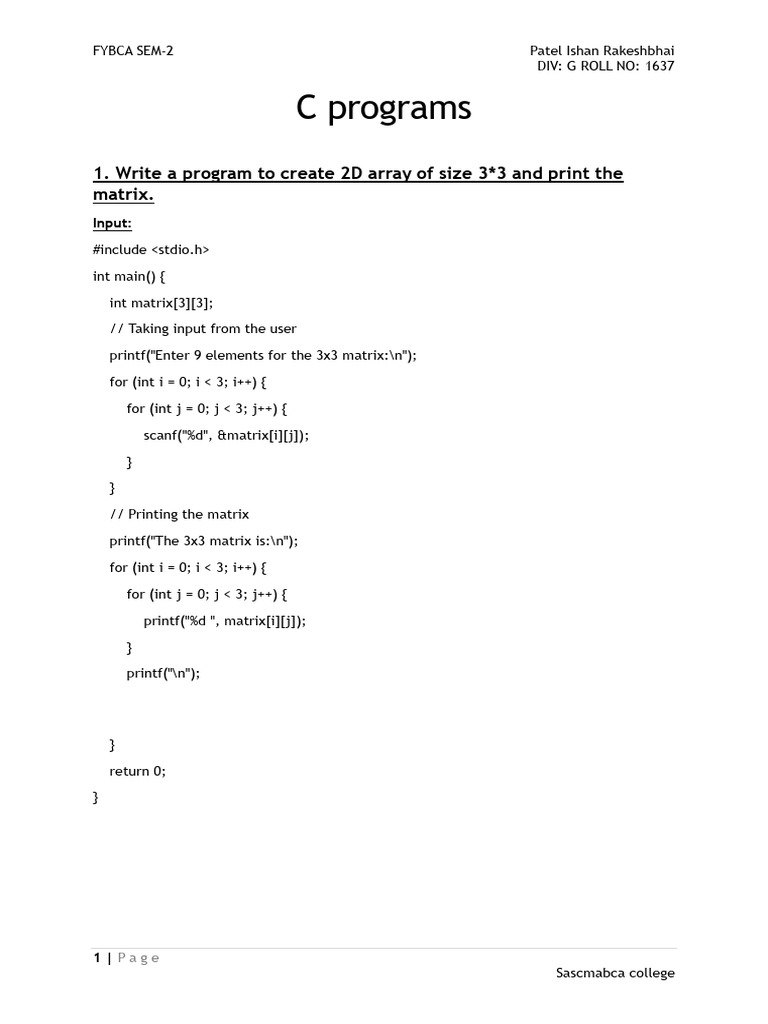 C Programs for 3x3 Matrices and Structures | PDF | Software Development ...