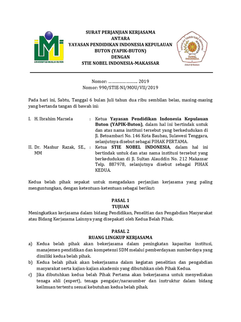 Perjanjian Kerjasama YAPIK-BUTON dan STIE NI | PDF