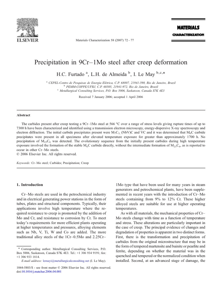 Precipitation in 9Cr 1mo Steel After Creep Deformation 2007 Materials ...