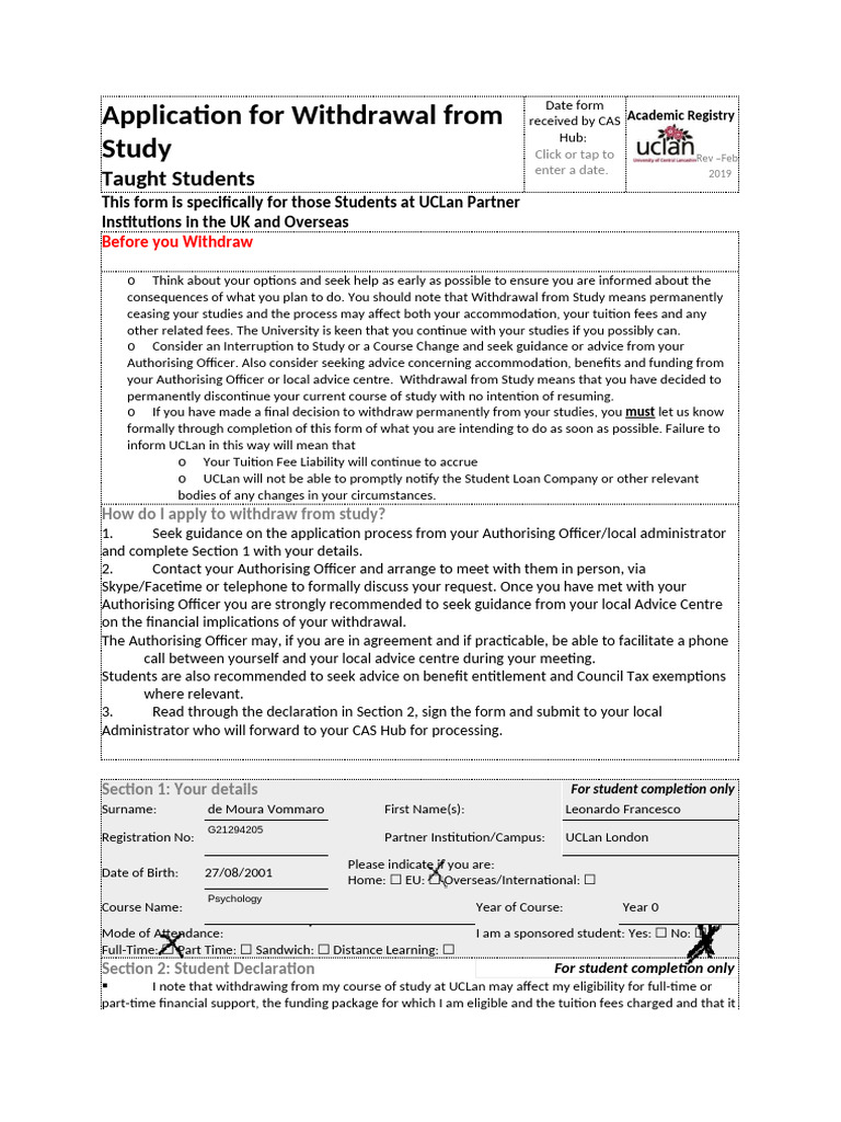 UCLan Withdrawal from Study Application | PDF