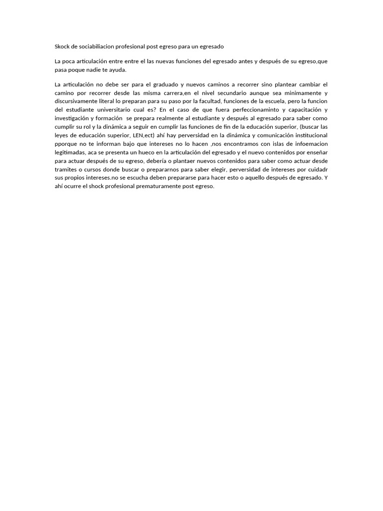 Skock de sociabiliacion profesional post egreso para un egresado | PDF