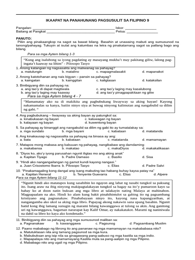 Pre Test 4TH Quarter | PDF
