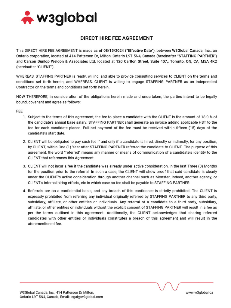 Direct Hire Fee Agreement | PDF | Justice | Crime & Violence