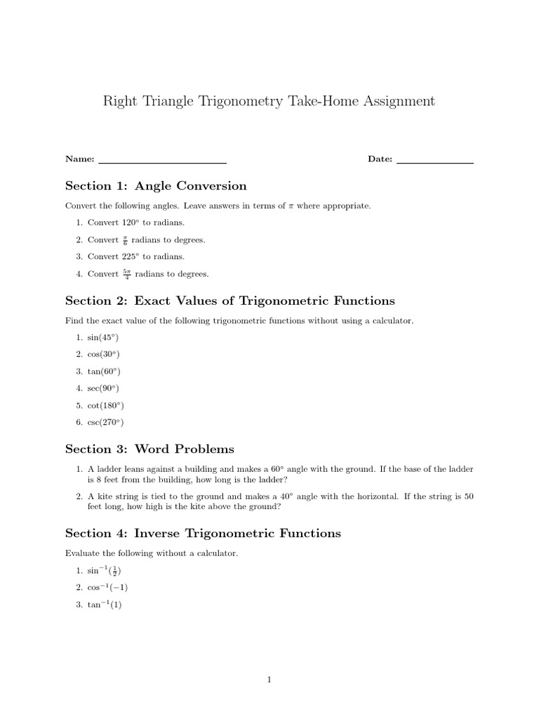 Right Triangle Trigonometry Assignment | PDF