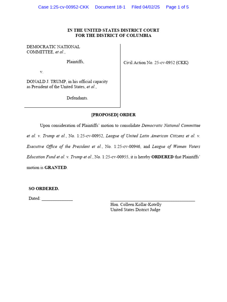 Order to Consolidate DNC Cases | PDF | Donald Trump | American Government