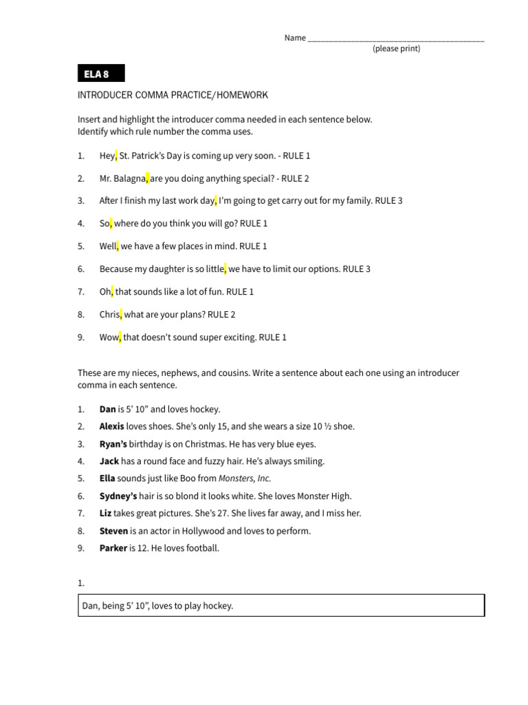Introducer Comma Practice Worksheet | PDF
