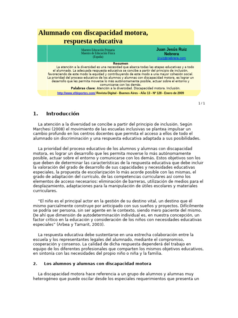 Alumnado Con Discapacidad Motora | PDF | Inclusión (Educación) | Invalidez
