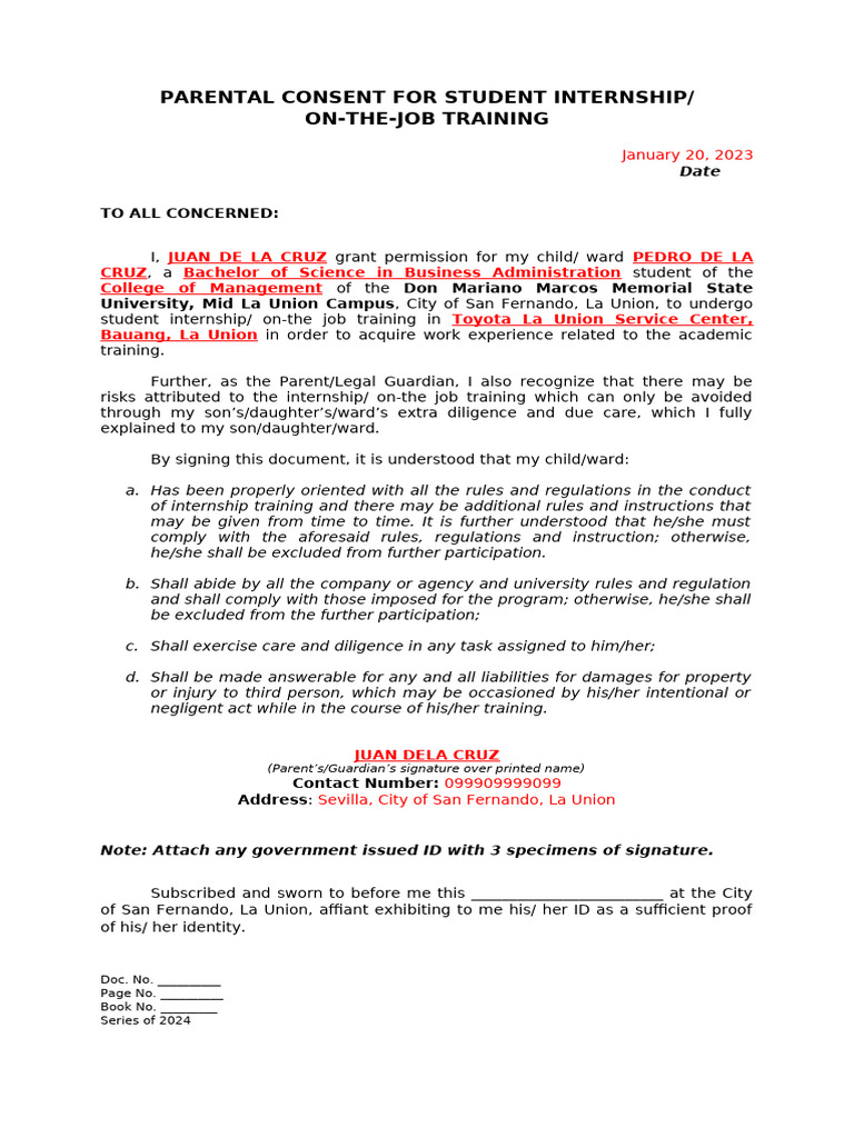 Parent Consent for Student Internship | PDF | Common Law | Private Law