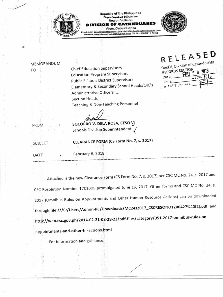 Clearance Form CS Form No. 7 S. 2017 | PDF