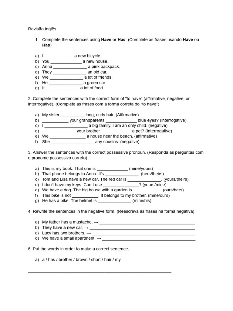 English Grammar: Have and Possessive Pronouns | PDF