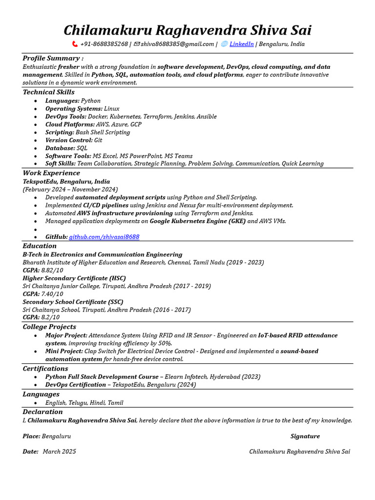 Software Developer & DevOps Fresher Resume | PDF | Cloud Computing ...