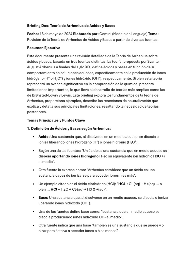 Teoría de Arrhenius: Ácidos y Bases | PDF | Ácido | Solución acuosa