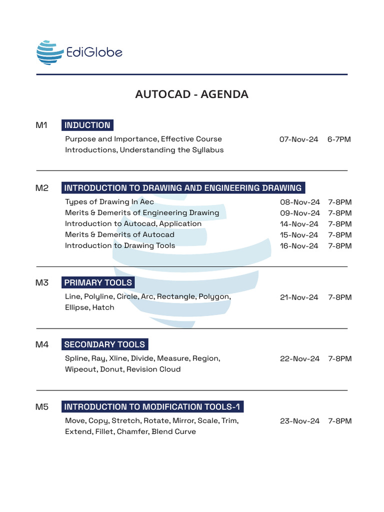 AutoCAD Course Agenda and Tools Overview | PDF