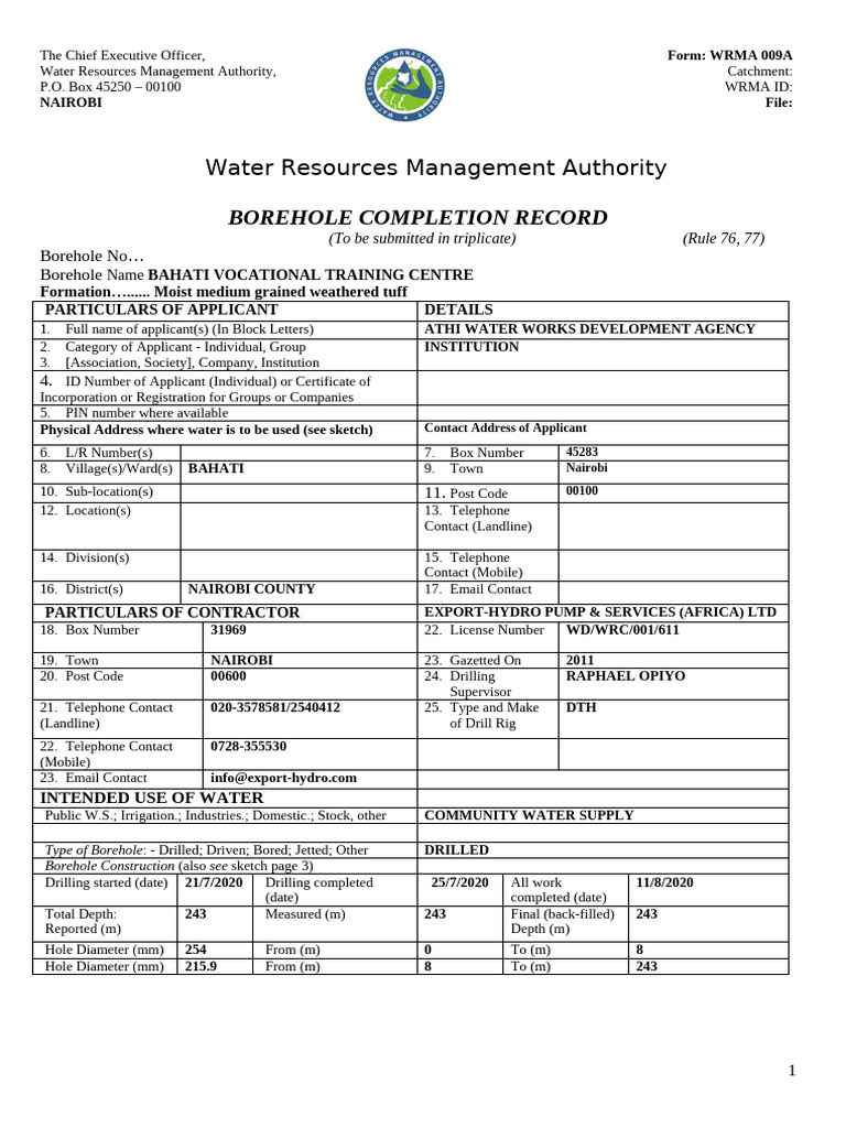 Borehole Completion Record for Bahati Centre | PDF | Casing (Borehole ...