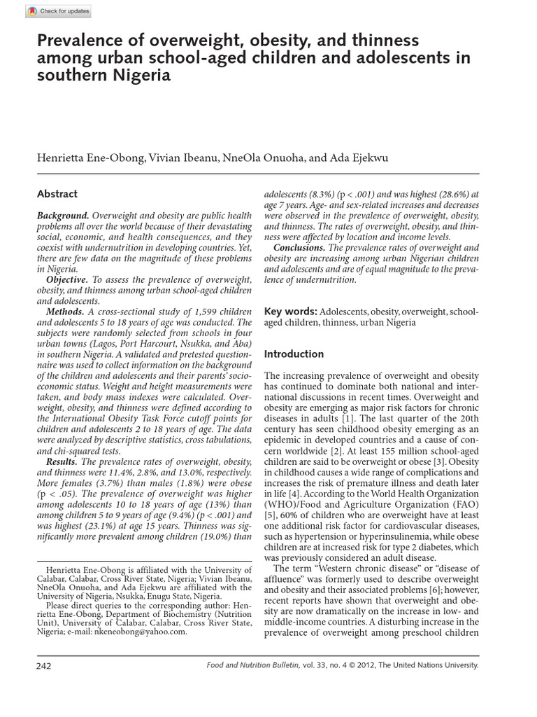 Ene Obong Et Al 2012 Prevalence of Overweight Obesity and Thinness ...