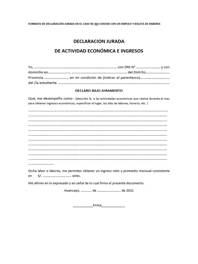 Declaración Jurada de Ingresos Sin Empleo | PDF