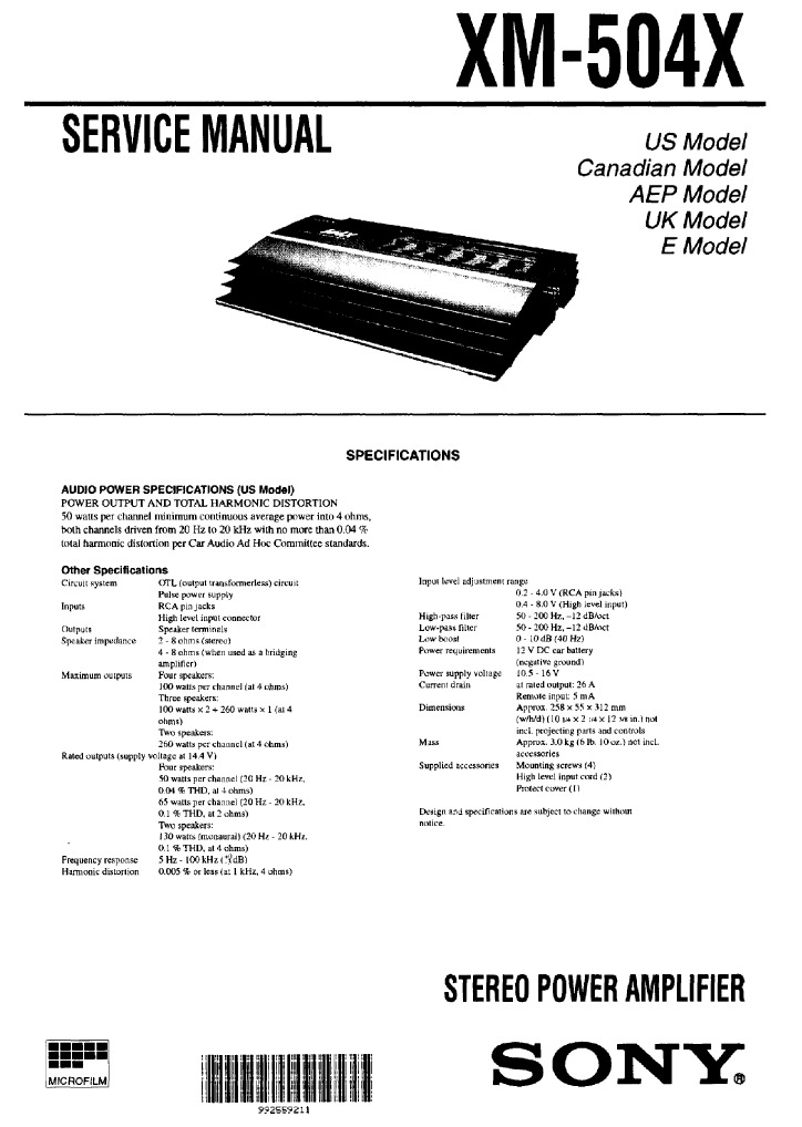 Sony XM-504X Amplifier Service Manual | PDF