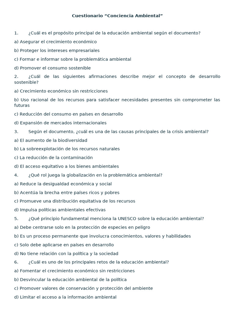 Cuestionario sobre Educación Ambiental | PDF | Sustentabilidad ...