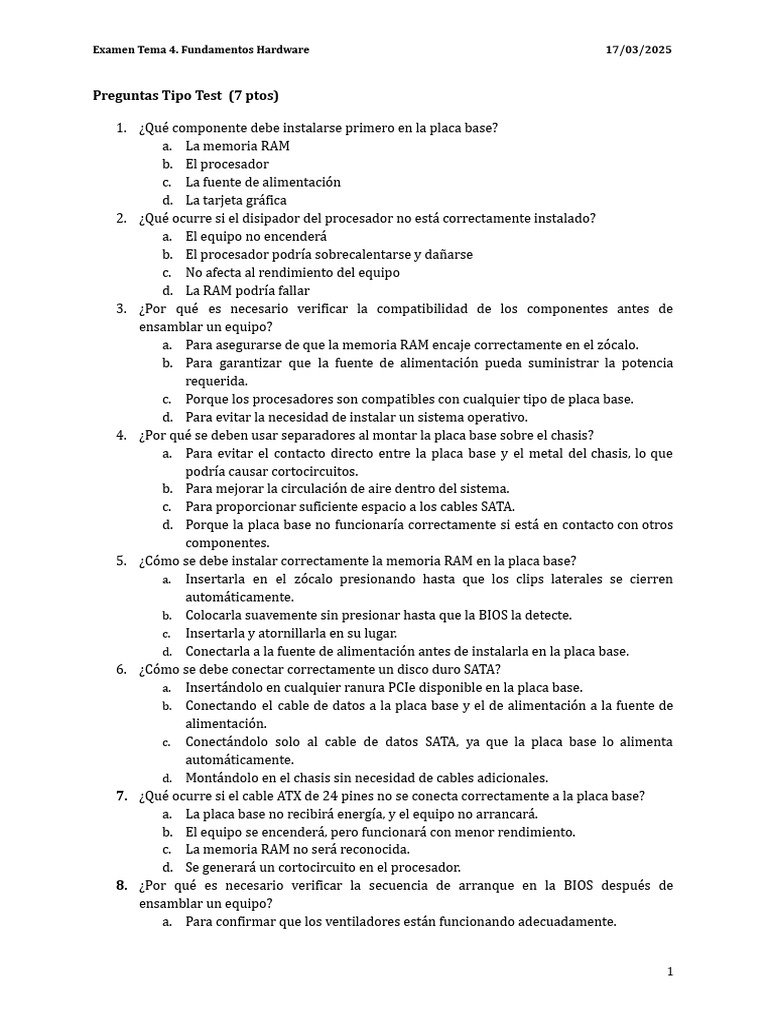 Examen B Tema 4 FH | PDF | Hardware de la computadora | Bios