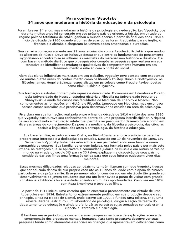 Vygotsky: Impacto na Educação e Psicologia | PDF | Aprendizado | Psicologia