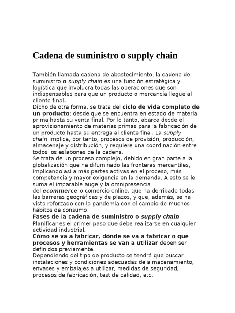 Cadena de Suministro o Supply Chain - INFORME | PDF | Cadena de ...