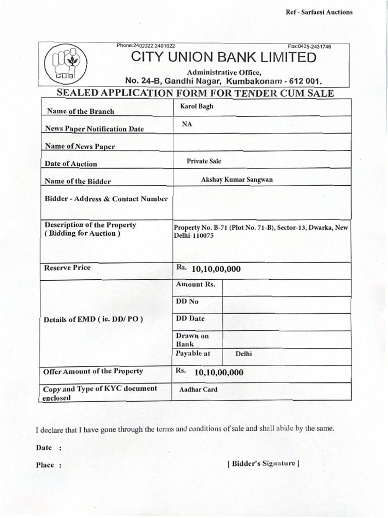 CUB Bid Form - Dwarka | PDF