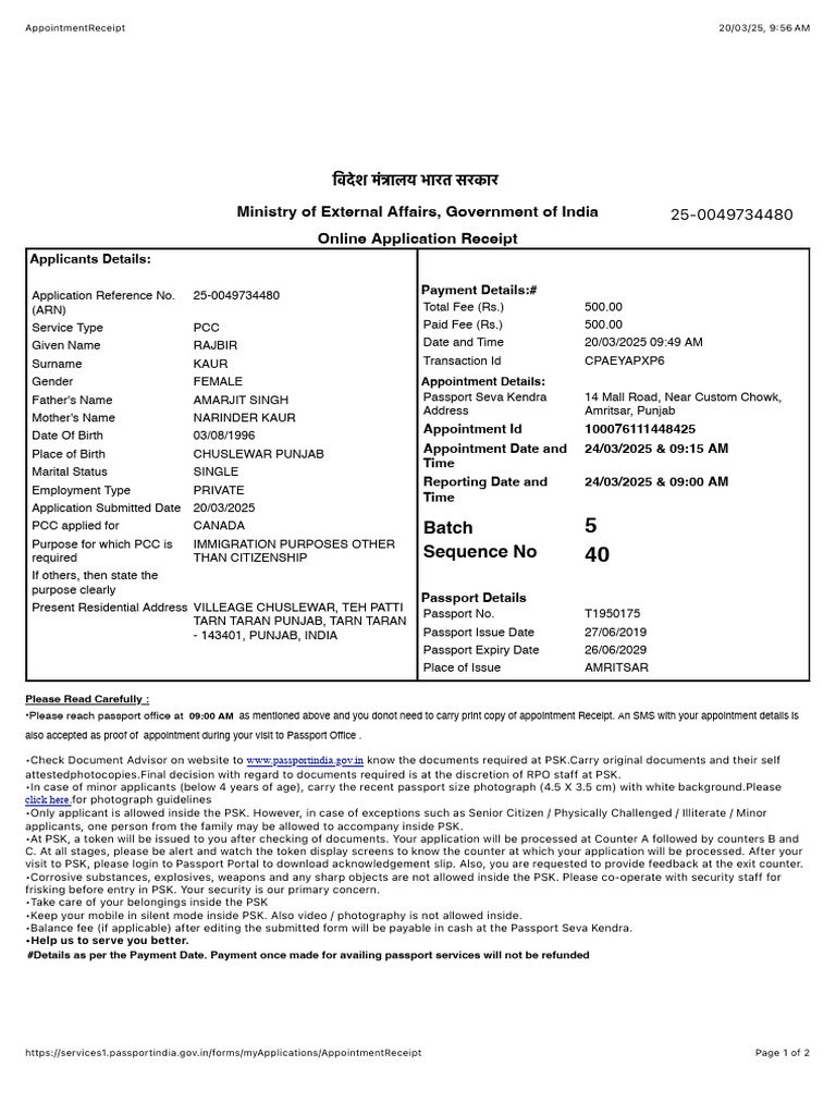 PCC Appointment Receipt for Canada Immigration | PDF | Government And ...
