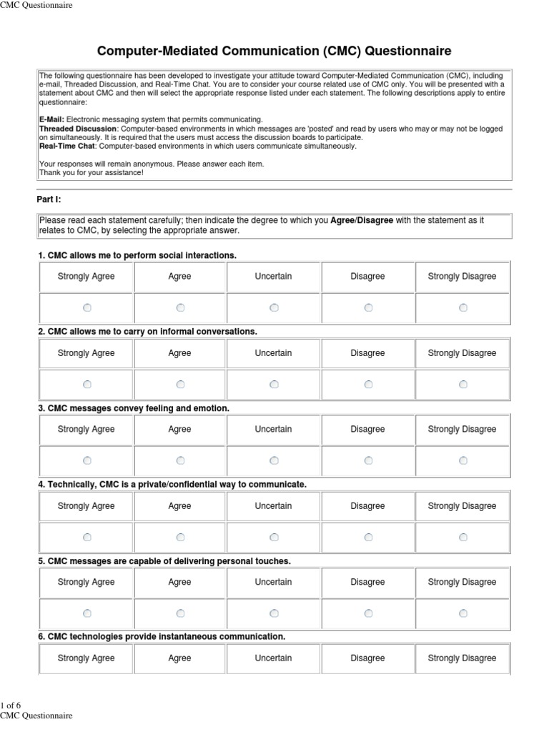 CMC Questionnaires | PDF | Computer Mediated Communication | Internet Forum
