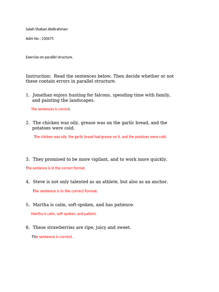 Parallel Structure Exercise Answers | PDF