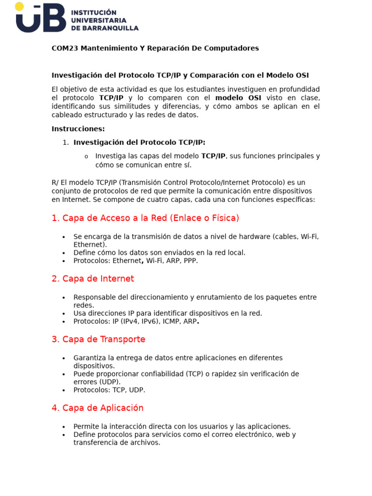 Comparativa TCP/IP y Modelo OSI | PDF | Protocolos de internet ...
