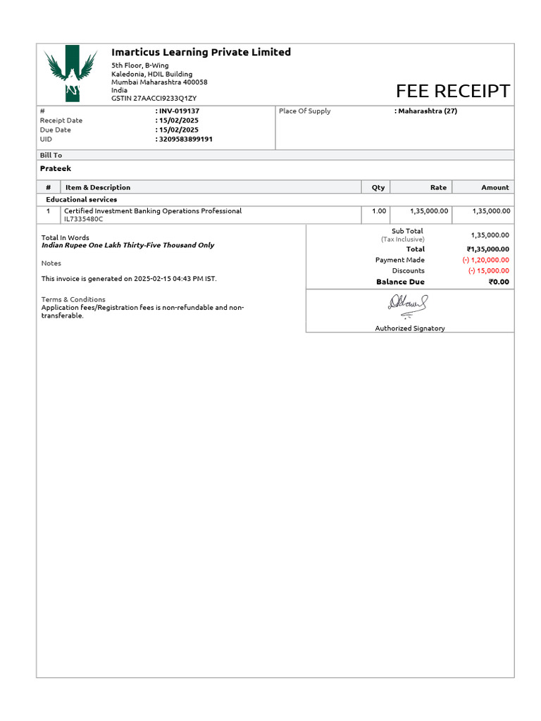Invoice for Educational Services Payment | PDF
