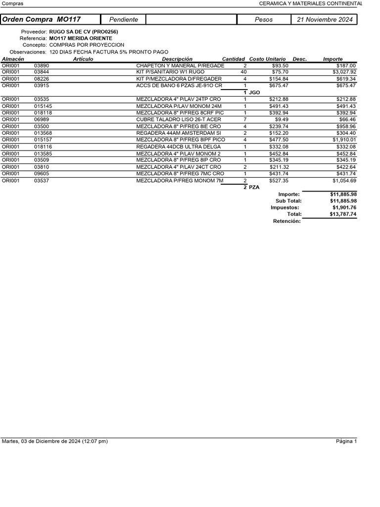 Orden de Compra MO117 - Cerámica y Materiales | PDF