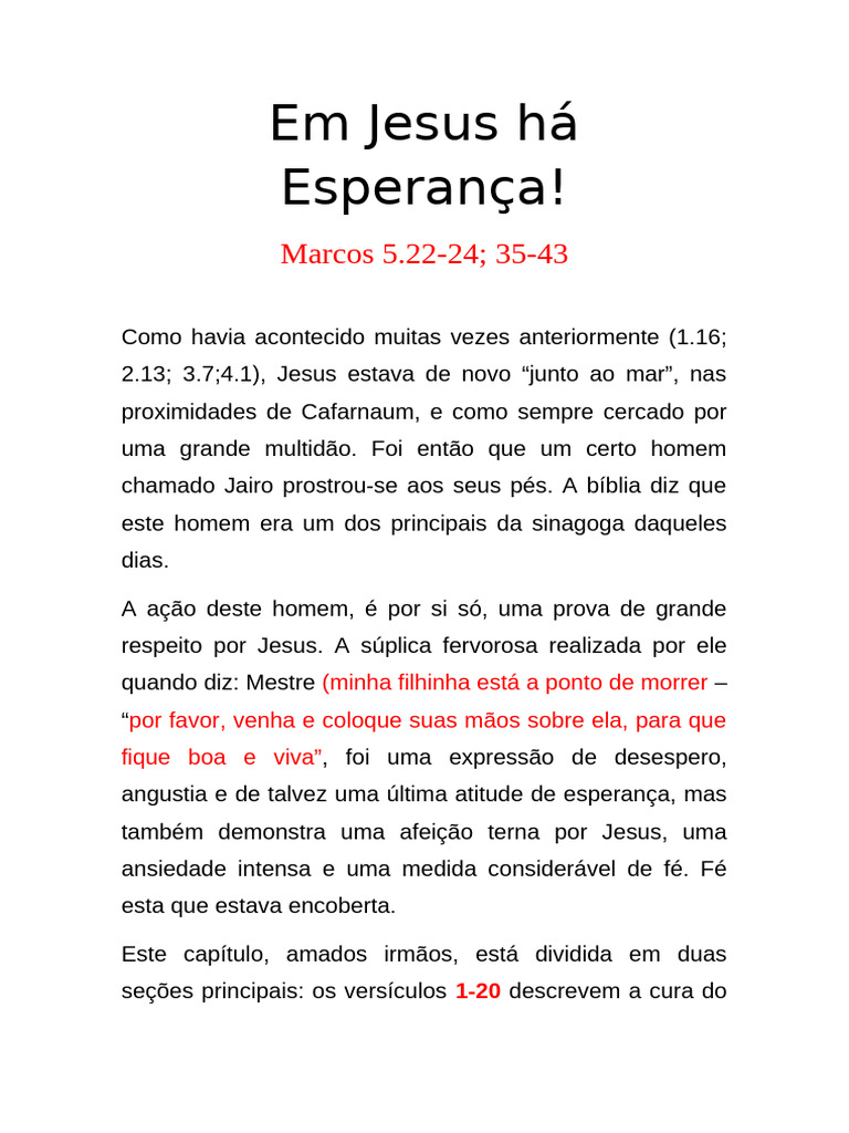 Esperança em Marcos 5:22-36 | PDF | Jesus | Fé