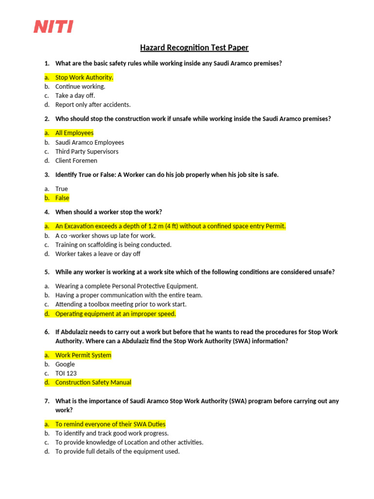 Hazard Recognition Test for Aramco Safety | PDF | Personal Protective ...