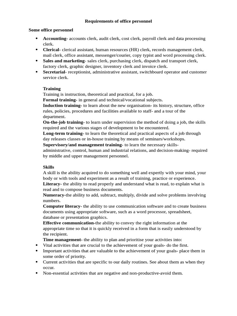 Office Personnel Requirements and Skills | PDF | Employment | Incentive