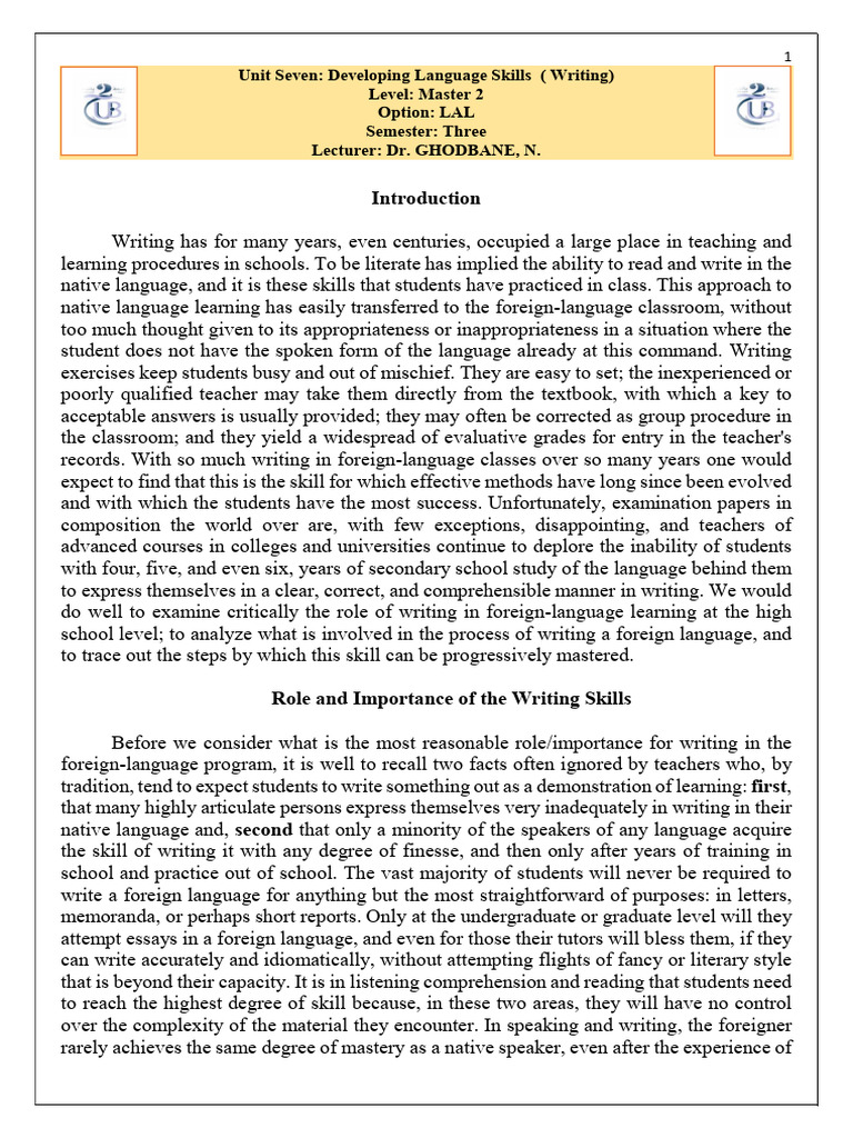 Writing Skills in Foreign Language Learning | PDF | Foreign Language ...
