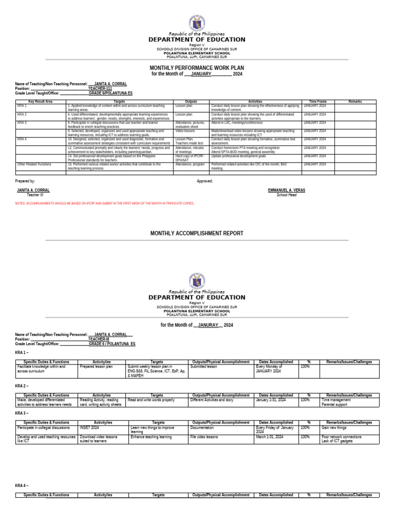 January 2024 Performance Work Plan | PDF | Educational Assessment ...