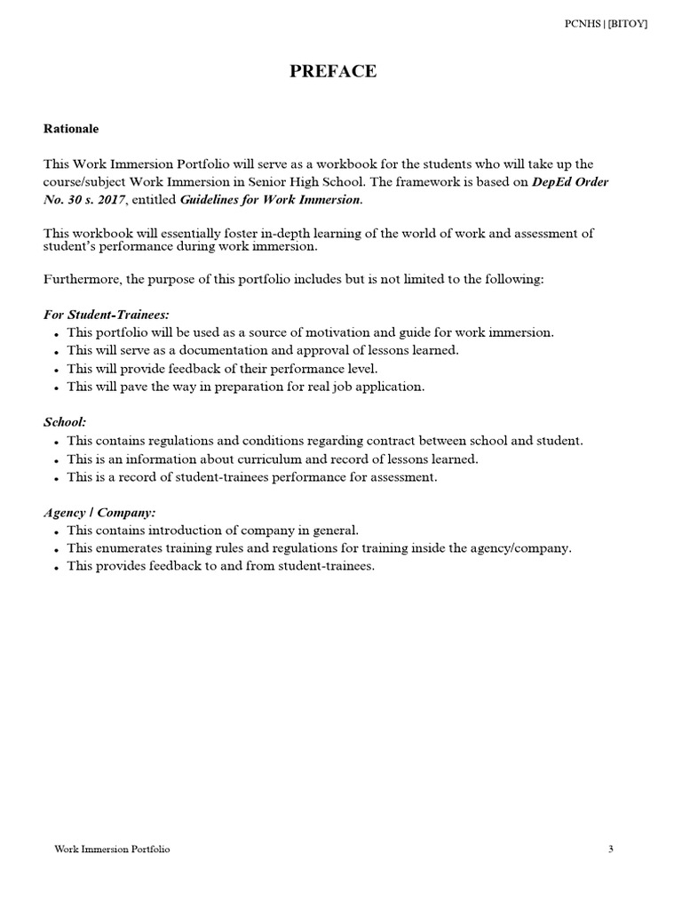 Work Immersion Portfolio for SHS Students | PDF | Job Interview | Learning