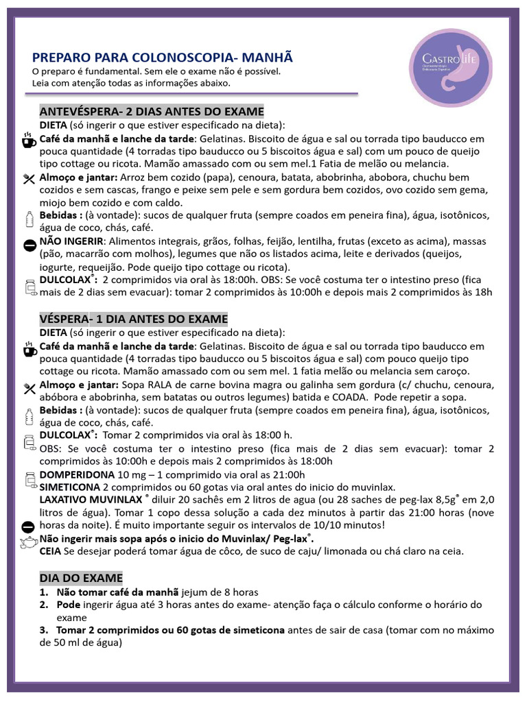Preparo Colonoscopia Manha Compressed | PDF | Queijo