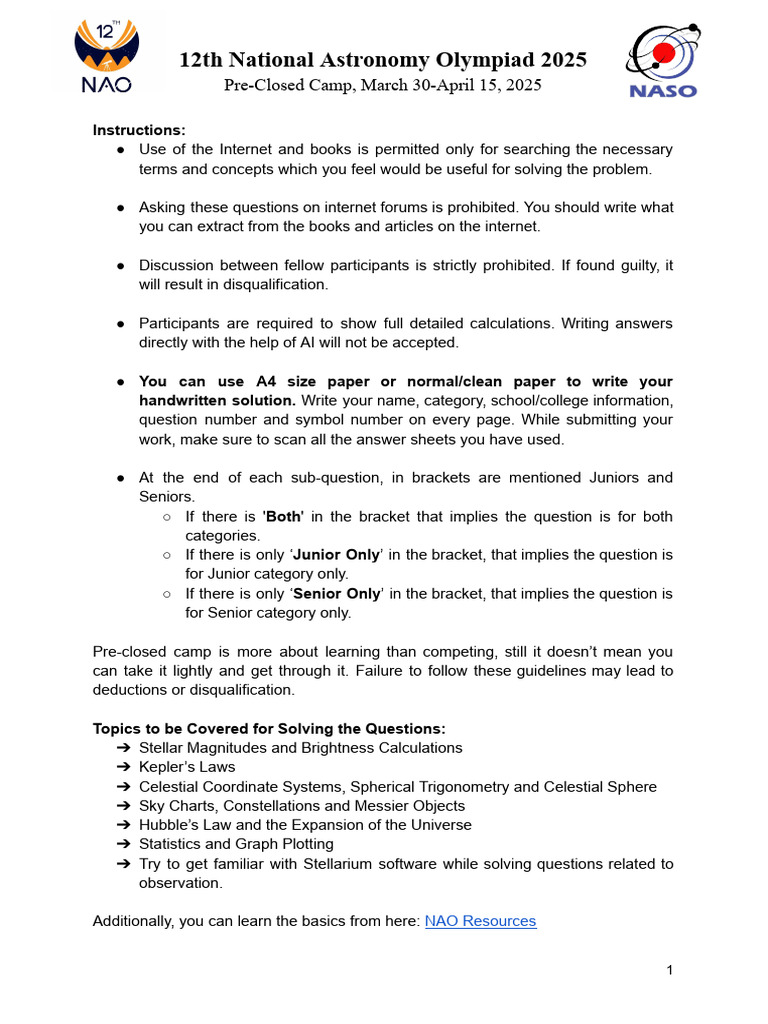 Astronomy Olympiad 2025 Camp Guide | PDF | Apparent Magnitude | Stars