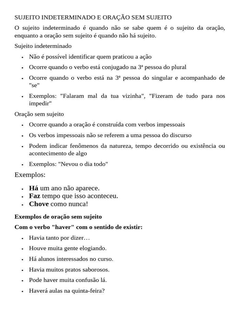 Sujeito Indeterminado e Oração Sem Sujeito | PDF | Assunto (gramática ...